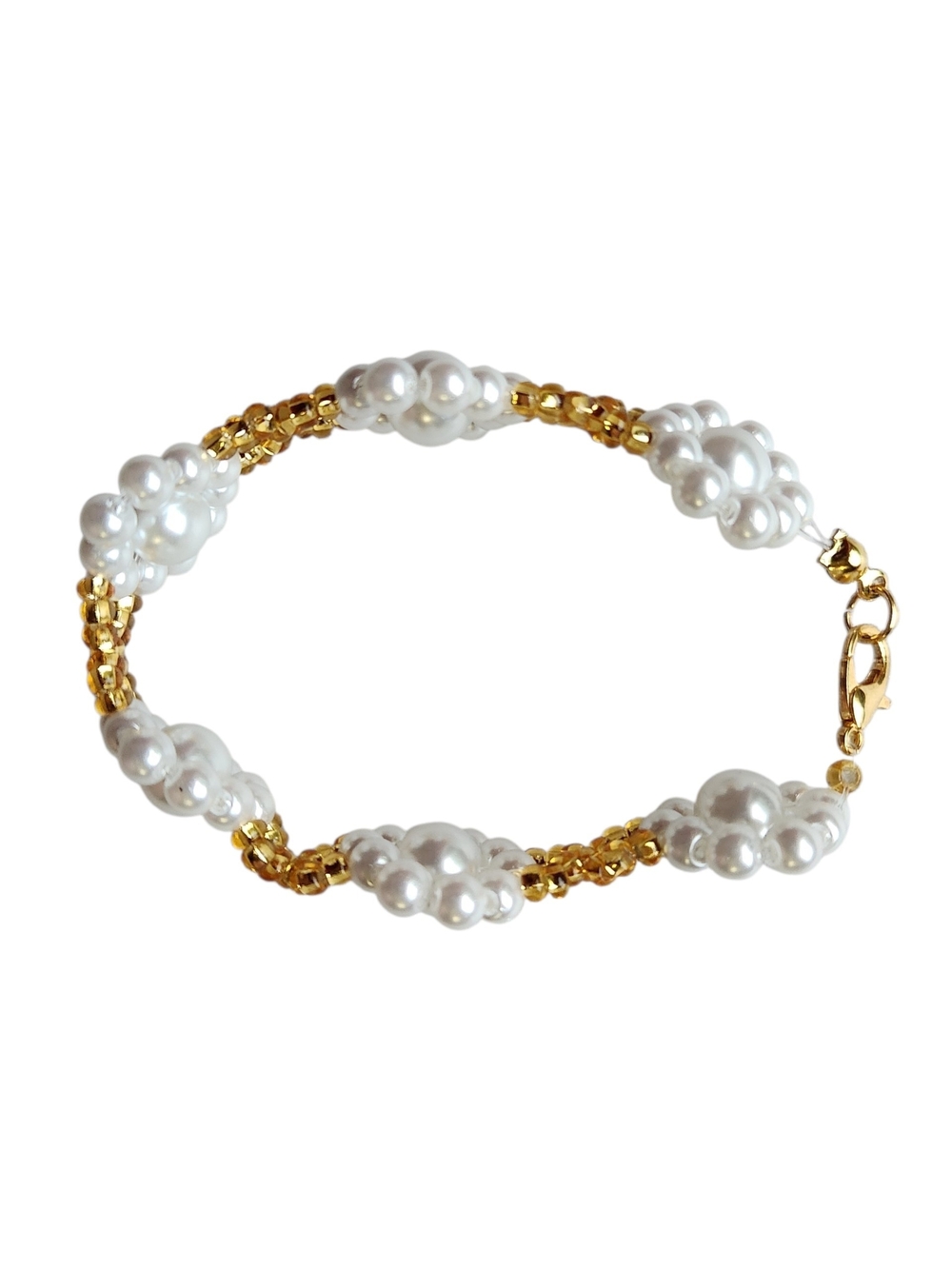 Pearl Floral Cluster Bracelet With Gold Czech Bead Accents - Picture 2 of 3